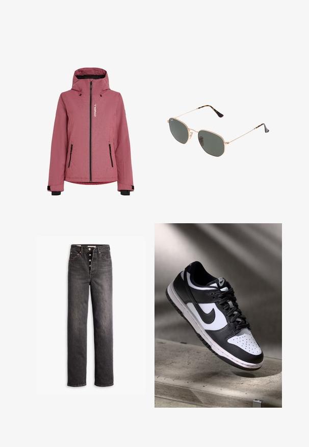 Red textured jacket with a hood, front zipper closure, black accents, and two zippered pockets. Features brand logo on the chest.; White long-sleeve top with a wide neckline, side slits, and a smooth, lightweight fabric, featuring a simple, minimalistic design.; Black high-waisted jeans with a straight leg design, made from denim. Features a button fly, copper hardware accents, and contrast stitching.; Black and white Nike Dunk Low sneaker with leather upper, perforated toe box, and black laces, featuring a white sole and logo accents.; Gold metal-frame sunglasses with dark green lenses, aviator style, featuring slim arms and tortoiseshell accents on the tips.; Black tote bag with geometric pattern, made from textured material. Features sturdy handles and a tag, structured shape.