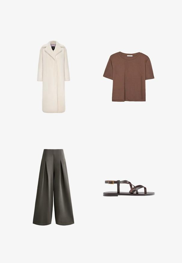 Lång, elfenbenfärgad fuskpälsjacka med notched krage, långa ärmar och öppen framsida. Mjuk textur och helängd silhuett.; Brun kortärmad t-shirt i mjukt tyg, med rund halsringning och avslappnad passform. Inga synliga mönster eller detaljer.; Breda byxor i en dämpad olivgrön nyans. Tillverkade av ett mjukt tyg med djupa frontveck, har en hög midja och skräddarsydd passform.; Bruna lädersandaler med korsade remmar, spänne runt vristen och en platt sula med minimala sömnadsdetaljer.