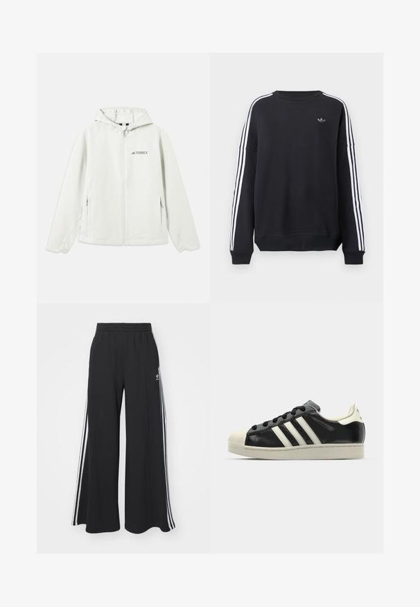 Svijetlosivi kaput s kapuljačom na zatvarač, elastičnim manžetama, dva bočna džepa i otisnutim "TERREX" logotipom na lijevoj strani prsiju. Vodootporan materijal.; Crna majica s dugim rukavima, bijelim prugama duž svakog rukava i malim sivim logom na prsima. Materijal od pamuka, ležerni kroj.; Crne široke trenirke s elastičnim pojasom, s bijelim bočnim trakama i izvezenim logom na lijevom bedru.; Crni kožni tenisice s bijelim prugama, gumeni zaštitni vrh, crne vezice i bijela potplata boje krem. Glatka tekstura s sjajnim završetkom.