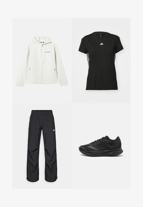 Light gray hooded jacket with a zipper, elastic cuffs, two side pockets, and the "TERREX" logo printed on the left chest. Waterproof material.; Black athletic t-shirt with short sleeves, made of synthetic material. Features a small white logo on the chest and white stripes on the sides.; Black, lightweight, waterproof pants with an elastic waistband, side pockets, and adjustable cuffs. Features a white logo on the left thigh.; Black running shoe with a breathable mesh upper, rounded toe, sleek design, textured accents, and a cushioned sole for comfort.