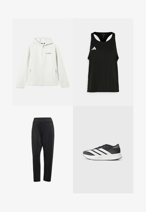 Lys grå hættetrøje med lynlås, elastiske manchetter, to sidelommer og "TERREX" logo trykt på venstre bryst. Vandtæt materiale.; Sort atletisk tanktop med rund halsudskæring og åben rygdesign. Har et hvidt Adidas-logo på venstre brystområde. Blødt, let stof.; Sorte atletikbukser i glat, elastisk stof; har høj talje og tilspidsede ben med kontrasterende sidesømme.; Sort atletisk sko med hvide striber, mesh-overdel, polstret sål og et strømlinet design. Grå accenter på hælen og tungen.