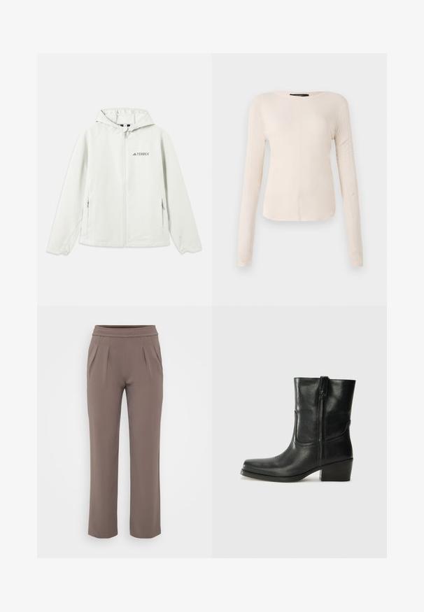 Light gray hooded jacket with a zipper, elastic cuffs, two side pockets, and the "TERREX" logo printed on the left chest. Waterproof material.; Long-sleeve, light beige top with a round neckline. Made of soft fabric, features a central seam and slightly curved hem. No visible hardware.; Taupe loose-fit trousers with elastic waistband and front pleats, made from smooth fabric.; Black leather ankle boot with a rounded toe, block heel, side zipper, and stitching accents on the vamp. Smooth texture, classic design.