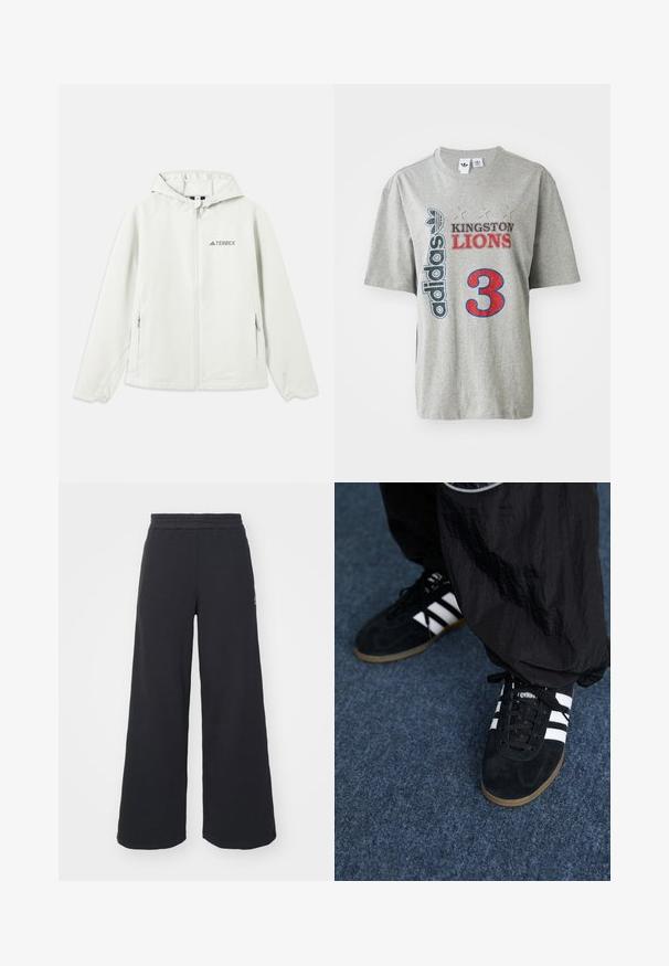 Gaiši pelēka kapuču jaka ar rāvējslēdzēju, elastīgām piedurknēm, divām sānu kabatām un "TERREX" logotipu uz kreisās krūtis. Ūdensizturīga materiāla.; Pelēka kokvilnas t krekls ar "adidas" logotipu, sarkano un melno "KINGSTON LIONS" uzrakstu un lielu sarkanu "3" grafiku uz priekšpuses. Īsas piedurknes.; Melni platās svārku bikses, izgatavotas no mīksta auduma, ar elastīgu jostas daļu un mazu logotipu kreisajā pusē.; Melna zamša sporta apavi ar trim baltiem svītrām un melniem auklām. Blakus apaviem daļēji redzami strukturēti melni bikses.