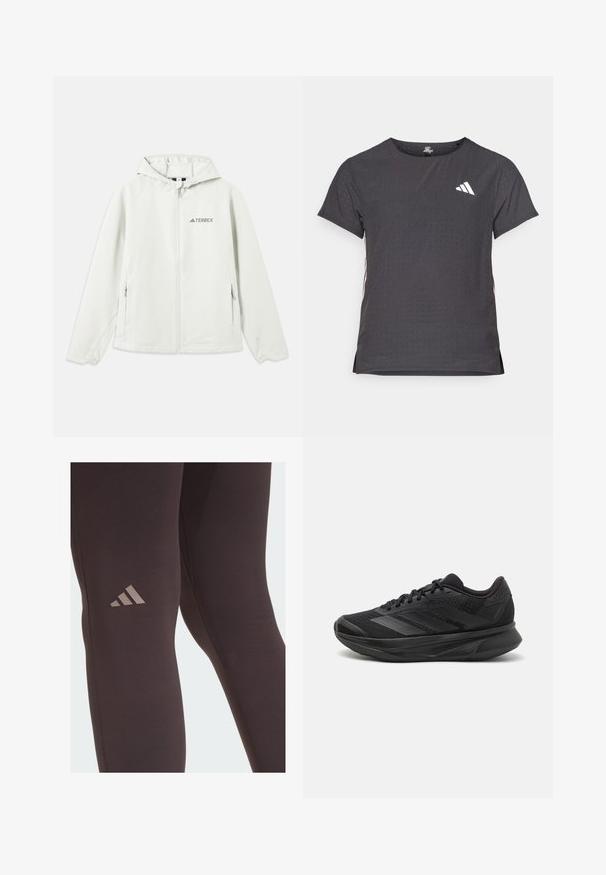 Lichtgrijze hooded jasje met een rits, elastische manchetten, twee zijzakken en het "TERREX"-logo op de linkerborst gedrukt. Waterdicht materiaal.; Korte mouwen sport t-shirt, donkergrijs met geperforeerde textuur. Bevat een wit logo en contrasterende zijstrepen. Ronde halslijn.; Zwarte sportleggings met een gladde textuur, voorzien van een subtiele bruine Adidas-logo op de dij en versterkte stikdetails.; Zwarte hardloopschoen met een ademende mesh bovenkant, ronde neus, slank ontwerp, textuuraccenten en een gevoerde zool voor comfort.