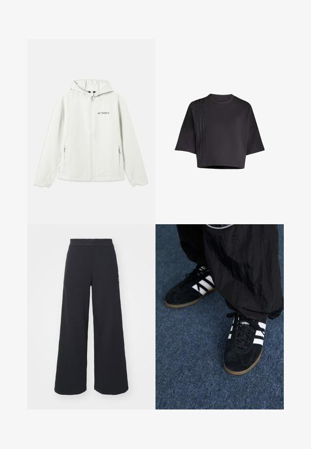 Giacca a vento grigia chiara con cappuccio, chiusura con zip, polsini elasticizzati, due tasche laterali e il logo "TERREX" stampato sul lato sinistro del petto. Materiale impermeabile.; Maglietta nera cropped con collo rotondo, maniche corte e larghe, caratterizzata da strisce verticali in raso sul lato sinistro. Tessuto liscio.; Pantaloni felpati neri a gamba larga realizzati in tessuto morbido, con un elastico in vita e un piccolo logo sul lato sinistro.; Scarpe da ginnastica nere in suede con tre strisce bianche e lacci neri. Un pantalone nero a trama è parzialmente visibile accanto alle scarpe.