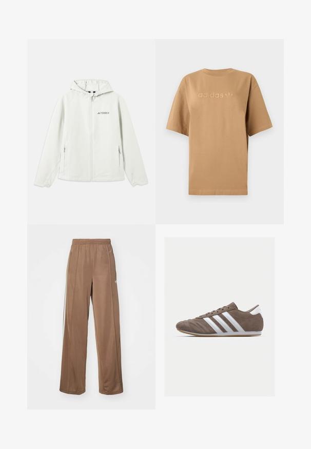 Veste à capuche gris clair avec fermeture éclair, poignets élastiques, deux poches latérales et le logo "TERREX" imprimé sur la poitrine gauche. Matériau imperméable.; T-shirt en coton marron à manches courtes et encolure ronde. Présente un logo "adidas" en relief et un emblème tréfoil dans une teinte assortie.; Pantalons de sport marron en tissu doux, dotés d'une taille élastique, de poches latérales et d'accents de logo blancs sur la hanche gauche.; Chaussure de sport en suède brun avec des rayures blanches, bout rond, design à lacets et semelle en caoutchouc naturel. Empeigne texturée avec des détails de couture.