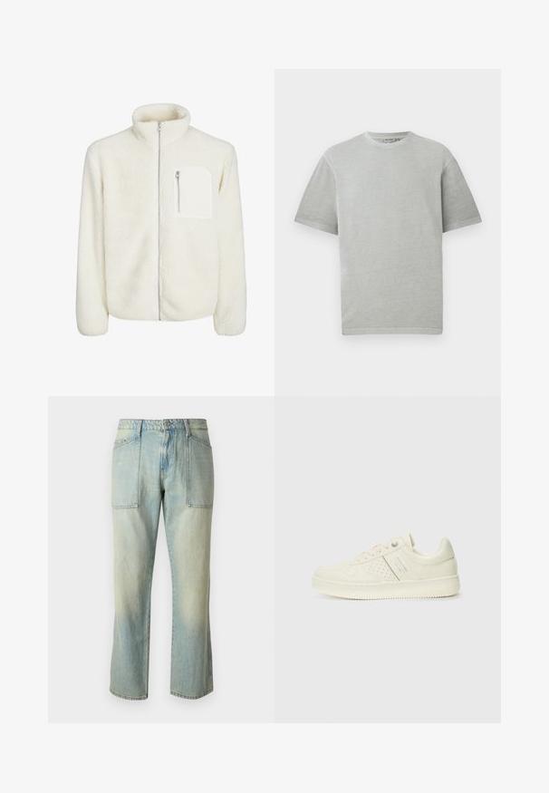 Casaco de fleece branco com colarinho alto, fecho à frente com zíper e um pequeno bolso com zíper no peito. Textura suave com uma aparência peluda.; T-shirt cinza claro com mangas curtas e decote redondo, exibido num fundo branco liso.; Jeans de ganga azul claro com corte reto, costura visível e dois grandes bolsos frontais. O tecido tem uma textura desbotada.; Sapatilha de cor creme com detalhes perfurados, atacadores e logotipo na lateral, apresentada contra um fundo branco liso.
