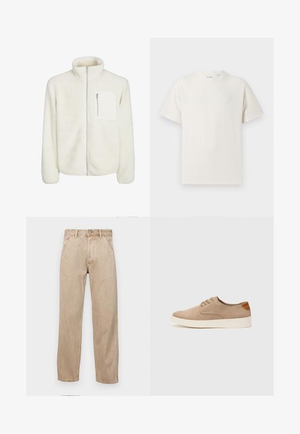 Vit fleecejacka med hög krage, dragkedja fram och en liten dragkedja på bröstet. Mjuk textur med en plyschliknande utseende.; Vit t-shirt med kort ärm i ribbad struktur. Rund halsringning, löst sittande passform, inga synliga mönster eller detaljer. Enkelt och mångsidigt design.; Beige denimjeans med rak passform, som har framfickor, metallknappstängning och subtil textur.; Beige mockasinsneakers med rund tå, snörning fram och texturerad bakaxel. Vit gummisula ger kontrast. Enkelt och modernt design.