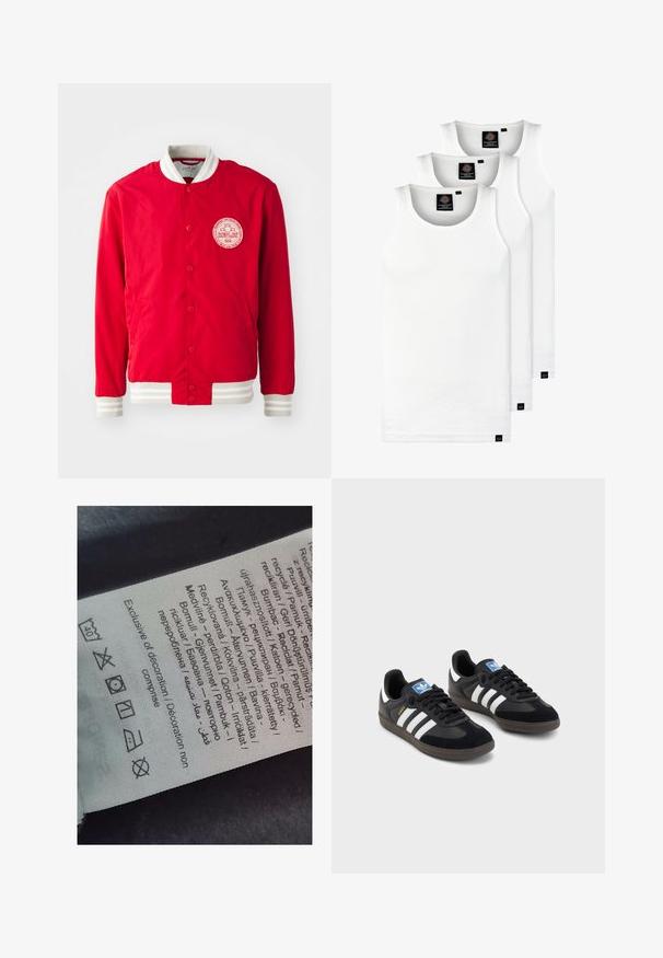 Punane bomber-jakk, mis on valmistatud siledast kangast, valge logo paiga, valge ribaga krae ja triibuliste mansettidega. Omab nööbivaatide sulgemist.; Kolm valget ribaga t-särki, mis on valmistatud puuvillast. Omavad ümmargust kaelanõhku ja väikseid musti silte hemme lähedal. Saadaval erinevates suurustes.; Sildi silt, millel on mitmekeelsed tekstid, hooldusmärgid ja ringlussevõtuikoonid, trükitud pehme kangalaadsele materjalile heledates toonides.; Mustad tossud, mille pealseks on seemisnahk ja sünteetilised materjalid, kolme valge triibuga, tekstureeritud kummitald ja sinine logo silt keele peal.
