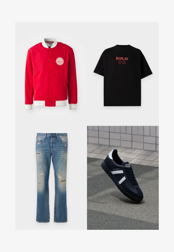 Rød bomberjakke lavet af glat stof med et hvidt logo-patch, hvid ribbet krave og stribede manchetter. Har trykknaplukning.; Sort bomulds t-shirt med korte ærmer, rund hals, med et rødt "REPLAY" logo og symboler centreret på brystet.; Lyseblå denimjeans med afslappet pasform, der har slidte detaljer og frynset lapper, med standard fem-lomme-design og knaplukning.; Sort lædersneaker med hvide striber, tekstureret gummisål og snørrebånd foran. Har et brandet mærke på tungen.