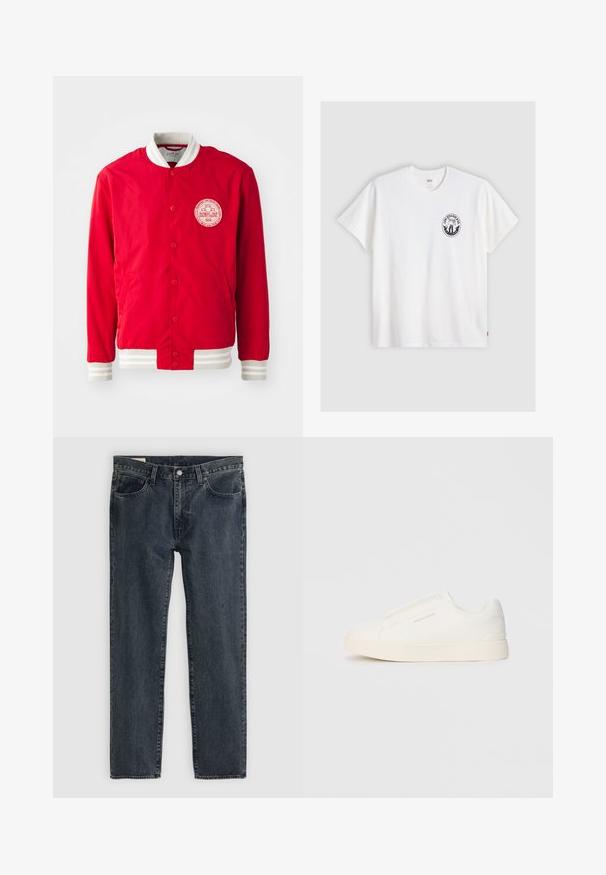 Red bomber jacket made of smooth fabric with a white logo patch, white ribbed collar, and striped cuffs. Features snap-button closure.; White cotton t-shirt with short sleeves, round neck, and a black circular logo on the left chest featuring a stylized design.; Dark blue denim jeans with a straight leg design, five pockets, and a button-fly closure. The fabric shows a subtle fade and texture.; White slip-on sneakers with a textured surface, a thick sole, and minimalistic design. Features brand logo on the side.