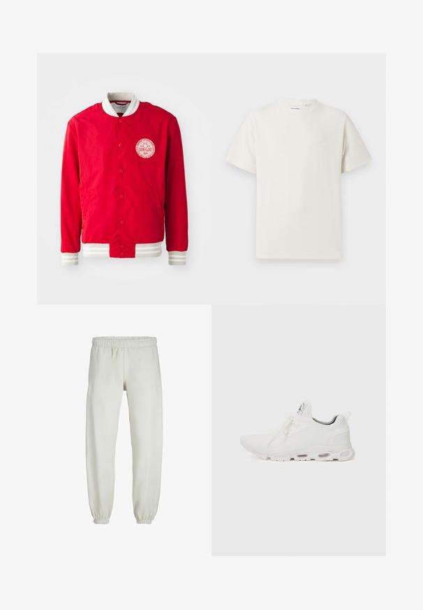 Rode bomberjack gemaakt van gladde stof met een witte logo patch, witte ribboordkraag en gestreepte manchetten. Voorzien van drukknoopsluiting.; Witte korte mouwen T-shirt met ribbelstructuur. Ronde hals, ontspannen pasvorm, geen zichtbare patronen of accenten. Eenvoudig en veelzijdig ontwerp.; Witte sweatpants gemaakt van zachte stof, met een elastische tailleband en boorden, een gladde textuur en een losvallend ontwerp.; Witte sportieve schoenen met een gestructureerde gebreide bovenkant, platte veters en een gevoerde zool met zichtbare luchtkamers voor extra ondersteuning.
