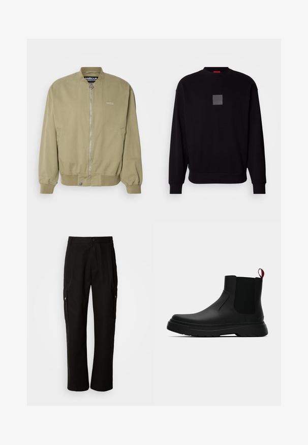 Khaki bomber jacket with ribbed cuffs and hem. Features a front zipper and logo detailing on left side. Made from smooth cotton material.; Black sweatshirt with long sleeves, round neckline, a front gray square logo, soft texture, and ribbed cuffs and hem.; Black cargo pants made of cotton with a relaxed fit, featuring side pockets, a button closure, and straight legs. Simple design without patterns.; Black ankle boot with a smooth finish, elastic side panels, and a contrasting red pull tab, featuring a thick rubber sole and rounded toe.