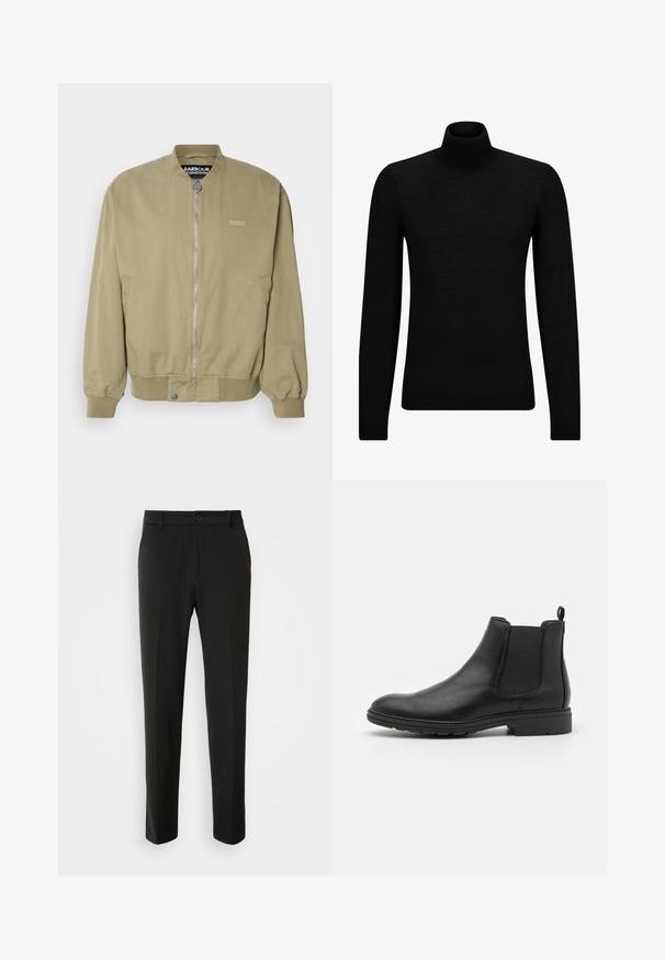 Khaki värvi bomber-jakk, millel on ribatud mansetid ja alläär. Ees on lukuga sulgemine ja logo detail vasakul poolel. Valmistatud siledast puuvillaste materjalidest.; Musthave muströid ja pehmest materjalist must turtleneck, millel on pikad varrukad ja tihe istuvus. Ribaga ääris allservas ja vöökohal. Lihtne disain.; Mustad püksid siledast kangast, sirgete jalgadega, nupuvõtme sulgemisega ja klassikaline disain, sobiv nii ametlikeks kui ka igapäevasteks kandmiseks.; Mustat nahast Chelsea saapad elastsete külgpaneelide ja tõmbeotsaga, ümarate varvaste ja tekstuurse kummitaldiga.