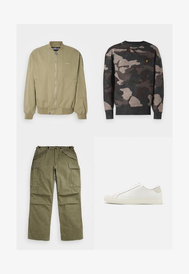 Khaki bomberjack met ribgebreide manchetten en zoom. Heeft een voorzijde rits en logo-detailing aan de linkerkant. Gemaakt van een gladde katoen stof.; Camo-patroon trui in grijs, bruin en beige. Gemaakt van zachte gebreide stof met een ronde hals en geribbelde manchetten. Heeft een klein logo.; Grijze T-shirt met korte mouwen, gemaakt van zacht, textuurstof. Heeft een klassieke ronde hals en een rechte zoom, geschikt voor casual dragen.; Olijfgroene cargobroek van gestructureerde stof, met meerdere voor- en zijzakken en versterkte stiksels op de naden.; Witte leren sneaker met een gladde oppervlakte, ronde neus en minimalistisch ontwerp. Heeft beige accenten op de hiel en een rubberen zool.