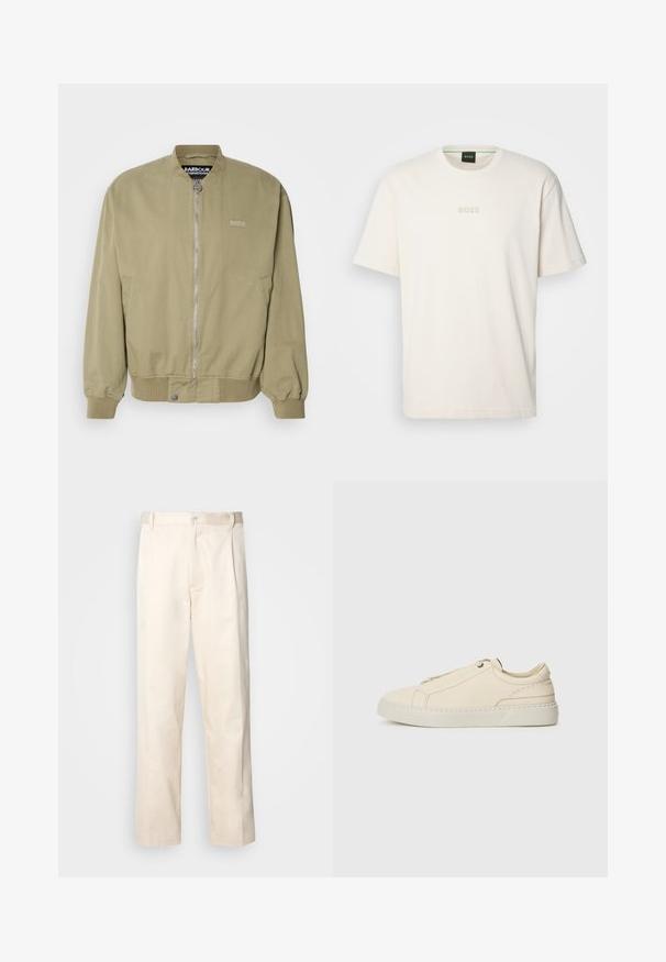 Khaki värvi bomber-jakk, millel on ribatud mansetid ja alläär. Ees on lukuga sulgemine ja logo detail vasakul poolel. Valmistatud siledast puuvillaste materjalidest.; BOSS TEE - Lihtne T-särk - open white; Beesidised puuvillased püksid sirge jala lõikega, mis on varustatud nööpkinnituse ja ees olevate voltidega, et lisada detaili.; Beige nahkased kingad ümmarguse varbaga, minimalistlik disain, peened õmbluse detailid ja tekstureeritud pealispind, heledal tallal.
