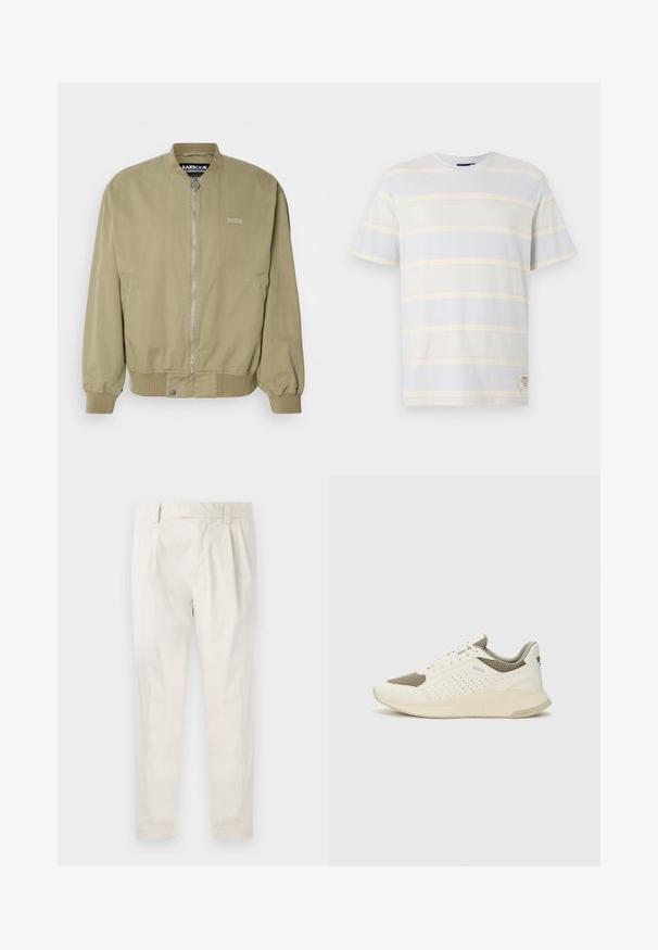 Casaco bomber em caqui com punhos e bainha canelados. Apresenta um fecho frontal e detalhamento do logótipo no lado esquerdo. Feito de material de algodão suave.; T-shirt às riscas em azul claro e amarelo pálido. Feita de algodão, com mangas curtas, gola redonda e um pequeno detalhe de etiqueta na bainha.; Calças brancas pregueadas com um corte ajustado, apresentando uma textura suave, passantes de cinto e pernas afuniladas. Sem bolsos visíveis ou padrões.; Sapatilha atlética branca e bege claro, com parte superior em malha, detalhes perfurados e uma entressola texturizada com marcação no calcanhar.