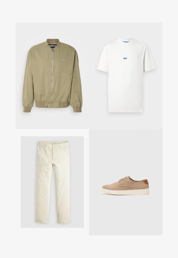 Khaki bomberjack met ribgebreide manchetten en zoom. Heeft een voorzijde rits en logo-detailing aan de linkerkant. Gemaakt van een gladde katoen stof.; Witte T-shirt met korte mouwen en een klein blauw rechthoekig logo met de tekst "HUGO" centraal op de borst, effen achtergrond.; Lichtbeige losse broek met drie zakken, riemlussen en een recht model. Gemaakt van een zachte katoenmix.; Beige suède sneakers met een ronde neus, vetersluiting aan de voorkant en een getextureerde achteraccent. De witte rubberen zool zorgt voor contrast. Eenvoudig en modern ontwerp.