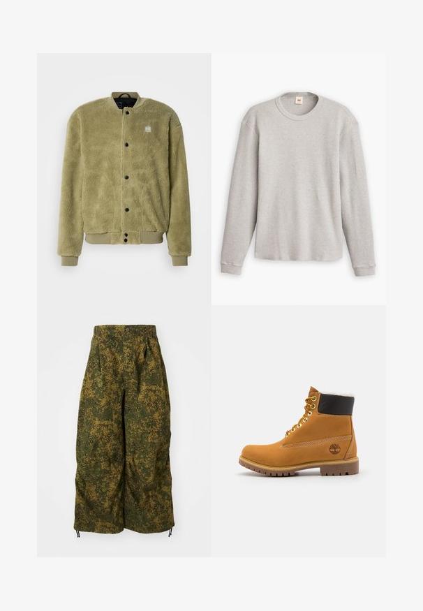 Giacca in pile di colore verde oliva con superficie testurizzata. Caratterizzata da un colletto rotondo, dettagli cuciti e bottoni a pressione per la chiusura.; Maglione grigio a maniche lunghe in maglia con texture a coste, scollatura rotonda e orlo dritto. I polsini sono aderenti, realizzati in tessuto morbido.; Pantaloni a gamba larga con stampa camouflage pixelata verde e marrone, chiusura con bottone e cordini in fondo.; Stivale alla caviglia in pelle marrone con occhielli metallici, fodera in pelliccia bianca, colletto imbottito nero, suola robusta e logo impresso sul lato.