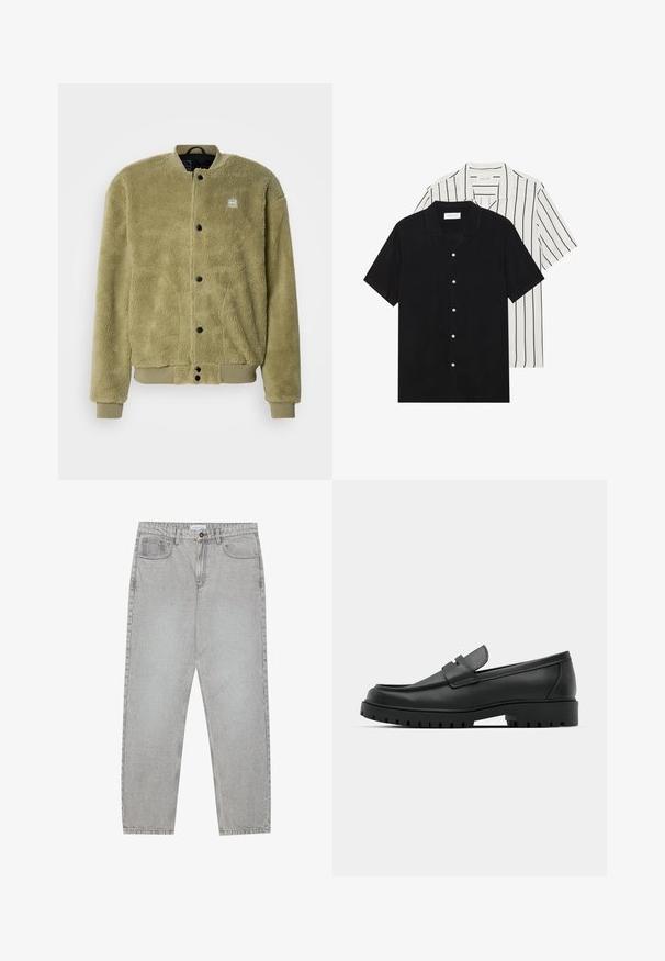 Fleecejacke in Olivgrün mit strukturierter Oberfläche. Verfügt über einen Rundhalsausschnitt, gestickte Details und Druckknöpfe zum Schließen.; Zwei kurzärmelige Hemden: eines ganz schwarz, das andere weiß mit schwarzen vertikalen Streifen. Beide verfügen über Knopfverschlüsse und einen klassischen Kragen.; Helle graue Jeanshose mit gerade geschnittenem Design, Fünf-Taschen-Stil und Knopfverschluss. Sichtbare Nähte entlang der Seitennähte.; Schwarze Lederloafer mit runder Zehenform, ausgestattet mit einem gesteppten Design, niedrigem Plattformsohle und einer strukturierten, genoppten Gummisohle.