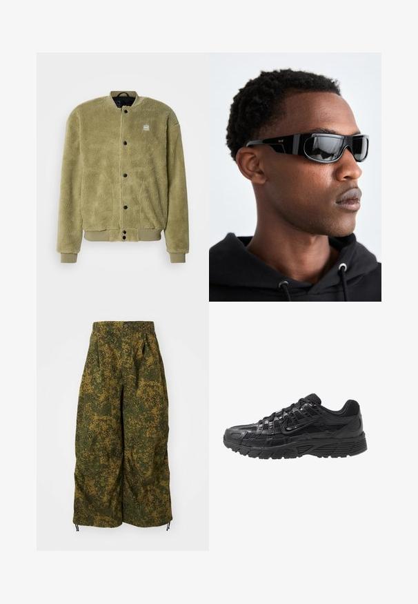 Fleecejacke in Olivgrün mit strukturierter Oberfläche. Verfügt über einen Rundhalsausschnitt, gestickte Details und Druckknöpfe zum Schließen.; Schwarzer Pullover mit langen Ärmeln und Rundhalsausschnitt, mit einem dezenten Logo auf der Vorderseite und Druckknopfdetails an den Ärmeln, aus weichem Stoff gefertigt.; Weite Hosen mit grün-braunem, pixeliertem Camouflage-Muster, Knopfverschluss und Kordelzügen an den Säumen.; Schwarzer Sportschuh mit einem Obermaterial aus Mesh und Synthetik, strukturiertem Oberflächen, Schnürdesign und einer Mustergummisohle für Traktion.; Schwarze Sonnenbrille mit einem schlanken, kantigen Design. Verfügt über ein glänzendes Gestell und dunkle, getönte Gläser. Kleines goldenes RSF-Logo an der Seite.