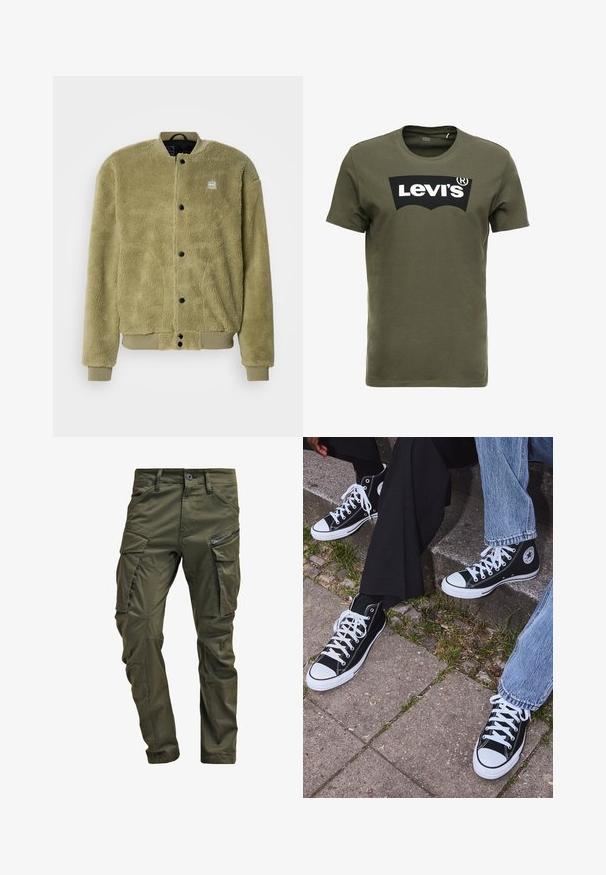 Fleece jacket in olive green with a textured surface. Features a round neck, stitched details, and snap buttons for closure.; Olive green cotton t-shirt featuring a large black Levi's logo on the front. Classic crewneck and short sleeves, smooth texture.; Olive green cargo pants made from sturdy cotton. Features multiple pockets, a zippered side pocket, and tapered legs with a slightly textured finish.; Black high-top canvas sneakers with white rubber soles and laces, featuring a circular logo on the side and paired with denim and black pants.