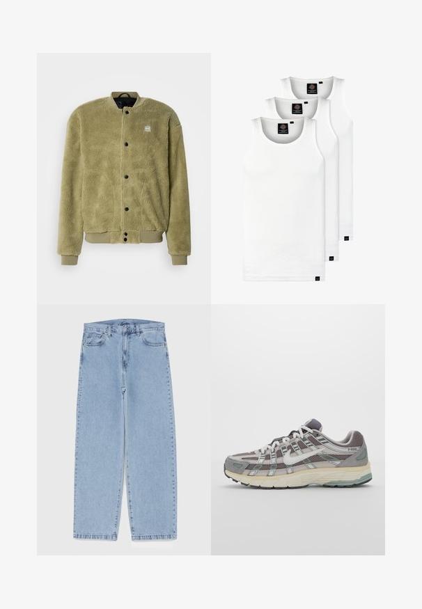 Fleece-jakke i olivengrøn med en tekstureret overflade. Har en rund hals, syede detaljer og trykknapper til lukning.; Tre hvide ribbede tanktops lavet af bomuld. Har en rund hals og små sorte mærker nær sømmen. Fås i flere størrelser.; Lyseblå denimjeans med straight leg-design, der har en mid-rise talje, fem lommer og en lukning med knap og lynlås.; Grå sportssko med overdel i mesh og ruskind, hvide accenter, en polstret sål og et særpræget design med reflekterende elementer.