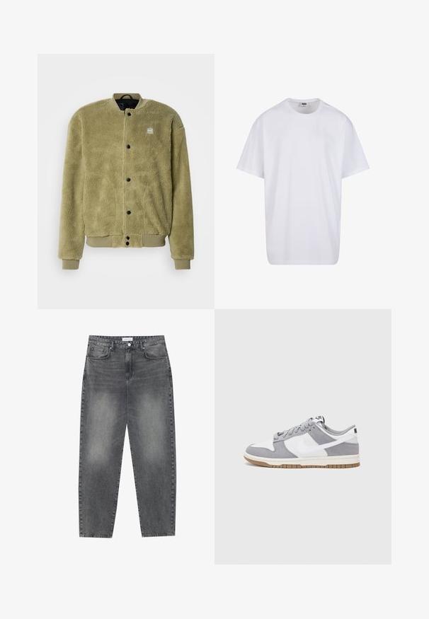 Zaļā olīvu vilnas jaka ar teksturētu virsmu. Ar apaļu kaklu, šuvēm un spiedpogu aizdari.; Balta kokvilnas T-kreklu ar īsām piedurknēm, apaļu kakla izgriezumu, brīvu piegriezumu un bez redzamām logo vai rakstiem. Gluda tekstūra un minimālistisks dizains.; Augsta vidukļa, platā stila džinsi izbalējušā melnā denima. Ar pieciem kabatām, jostas cilpām un tīru, taisnu kāju dizainu.; Pelēki un balti sporta apavi ar zamšādas un ādas virsu, noapaļota purngala, plakaniem šņorēm un gumijas zoli ar gumijas akcentu.