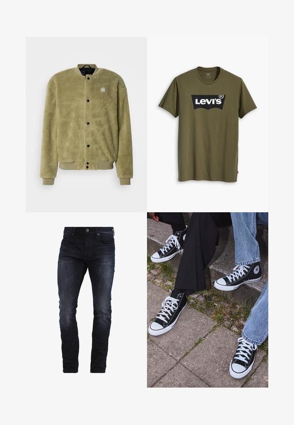 Giacca in pile di colore verde oliva con superficie testurizzata. Caratterizzata da un colletto rotondo, dettagli cuciti e bottoni a pressione per la chiusura.; Levi's® HOUSEMARK GRAPHIC TEE - T-shirt con stampa - tech olive night; Jeans slim-fit blu scuro con leggera scoloritura su cosce e ginocchia, dotati di tasche frontali, passanti per la cintura e chiusura a bottone.; Sneakers alti neri in tela con suole e lacci bianchi, dotati di un logo circolare di lato e abbinati a pantaloni in denim e neri.