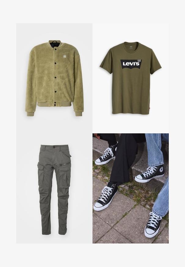 Veste en polaire vert olive avec une surface texturée. Présente un col rond, des détails cousus et des boutons-pression pour la fermeture.; T-shirt en coton vert olive avec un grand logo Levi's noir en forme semi-arquée contrastante sur la poitrine. Coupe régulière.; Pantalons cargo gris en tissu durable, dotés de multiples poches, d'accents zippés, d'une fermeture à bouton et d'une coupe fuselée.; Baskets montantes en toile noires avec semelles et lacets en caoutchouc blancs, arborant un logo circulaire sur le côté et associées à un jean et un pantalon noir.