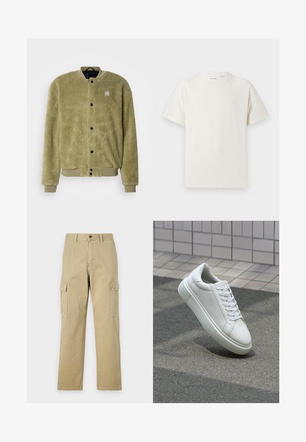 Giacca in pile di colore verde oliva con superficie testurizzata. Caratterizzata da un colletto rotondo, dettagli cuciti e bottoni a pressione per la chiusura.; T-shirt bianca a maniche corte in texture a coste. Girocollo, vestibilità rilassata, senza modelli o accenti visibili. Design semplice e versatile.; Pantaloni cargo beige in cotone, dotati di due tasche laterali, chiusura con bottone e gamba dritta con tessuto leggermente texture.; Sneaker bianco in pelle con superficie liscia, punta rotonda e lacci piatti bianchi. Presenta una suola in gomma texturizzata e un design minimale.