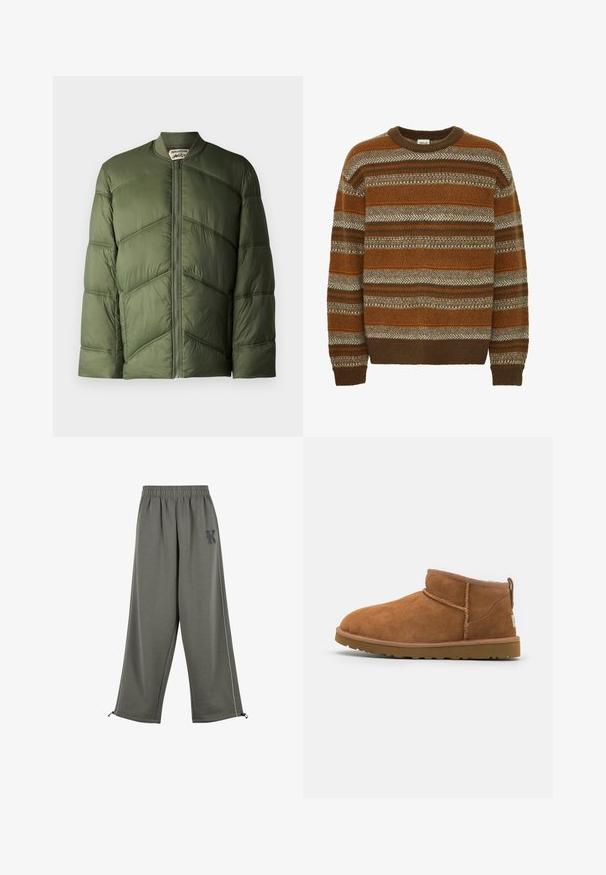 Olijfgroene pufferjack met een bomberstijl, voorzien van horizontaal gestikte secties en een ritssluiting aan de voorkant.; Solid SDMAXWELL - Trui - slate black; Karl Kani KK OS SIDESTRIPE - Broek - grey; Tan suède enkellaars met een ronde neus, subtiele stiksels en een gestructureerde rubberen zool. Korte hoogte zonder veters.