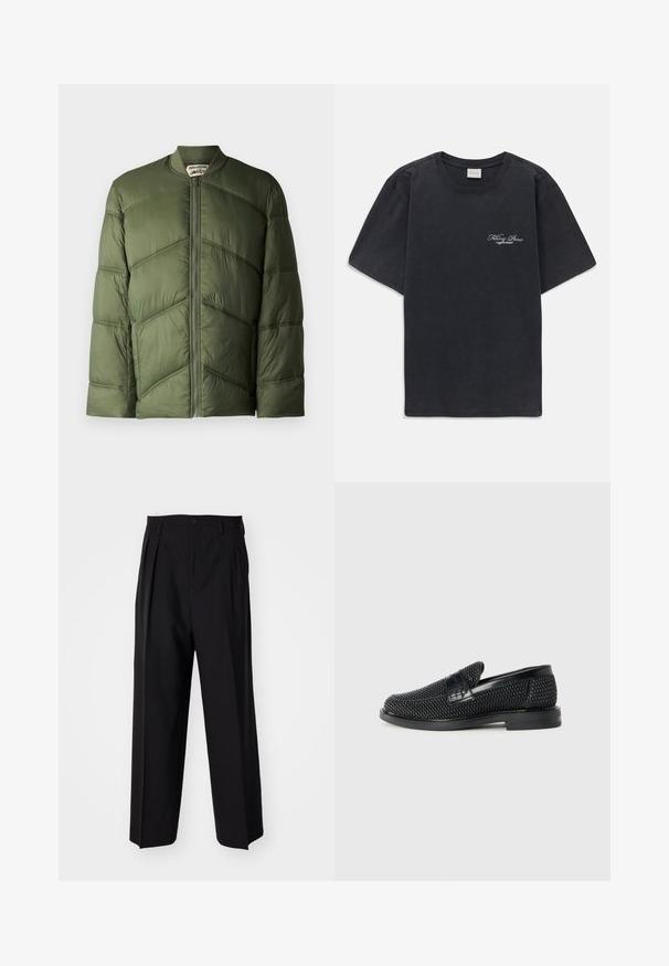 Olive green puffer jacket with a bomber style, featuring horizontal quilted sections and a front zipper closure.; Black short-sleeve crew neck t-shirt with small white "Filling Pieces" text logo on the left chest.; Black pleated trousers with a straight, wide-leg design. Made from smooth fabric, featuring a button closure and belt loops.; Black woven slip-on shoe with a smooth leather accent on the upper, a round toe design, and a low-profile rubber sole.