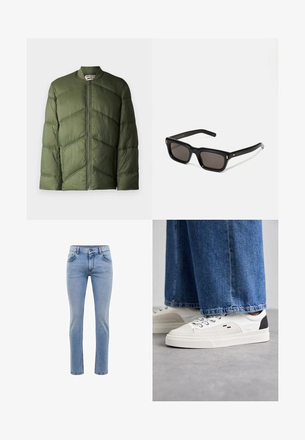 Olive green puffer jacket with a bomber style, featuring horizontal quilted sections and a front zipper closure.; White short-sleeve t-shirt in cotton fabric with a round neckline. Simple design with no patterns or accents. Smooth texture.; Light blue denim jeans with a slim fit, five pockets, and a straight leg design. Features a zipper fly and belt loops. Soft texture.; White and black sneakers with a smooth leather upper, textured accents, and a chunky white sole. Features a classic lace-up design.; Black rectangular sunglasses with dark lenses, thick plastic frame, gold accents on temples, and brand logo engraved on the arm.