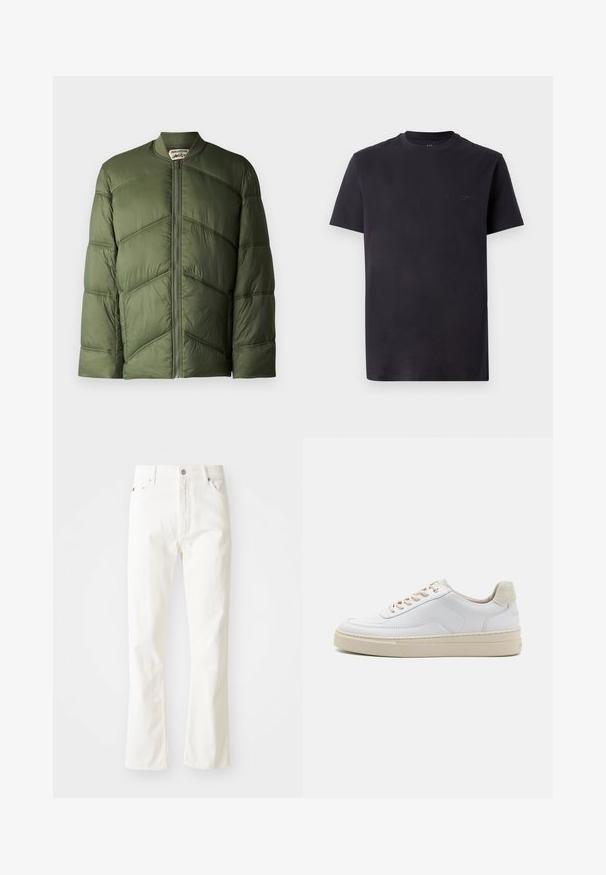 Olivzöld pehelydzseki bomber stílusban, vízszintes tűzött részekkel és elől cipzáras záródással.; Fekete pamutt póló, kerek nyakkal, rövid ujjú és domború logó részlettel a mellkason. Simaság és laza fazon jellemzi.; Fehér farmer bővülő nadrág magas derékkal, elülső zsebekkel és ezüst színű kiegészítőkkel. Az anyag sima textúrájú, finom varrási részletekkel.; Fehér sneaker sima bőr felsőrésszel, bézs fűzőkkel és texturált bézs velúr sarkal. Magasított talp a plusz magasság érdekében.