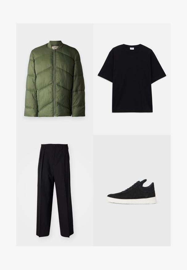 Olīvu zaļa pūkaina jaka bomber stila, ar horizontālām quiltēšanas sekcijām un priekšējo rāvējslēdzēja aizdari.; Melns īsām piedurknēm oversize T-krekls ar apaļu kakla izgriezumu un redzamu Filippa K zīmola birku iekškaklā.; Melnas plisētās bikses ar taisnu, plata kāja dizainu. Izgatavotas no gludas auduma, ar pogu aizdari un jostas cilpiņām.; Melna zamša apavi ar baltu gumijas zoli, ar tonālu izšuvumu un auklu dizainu. Gluda tekstūra ar mūsdienīgu, plūstošu formu.