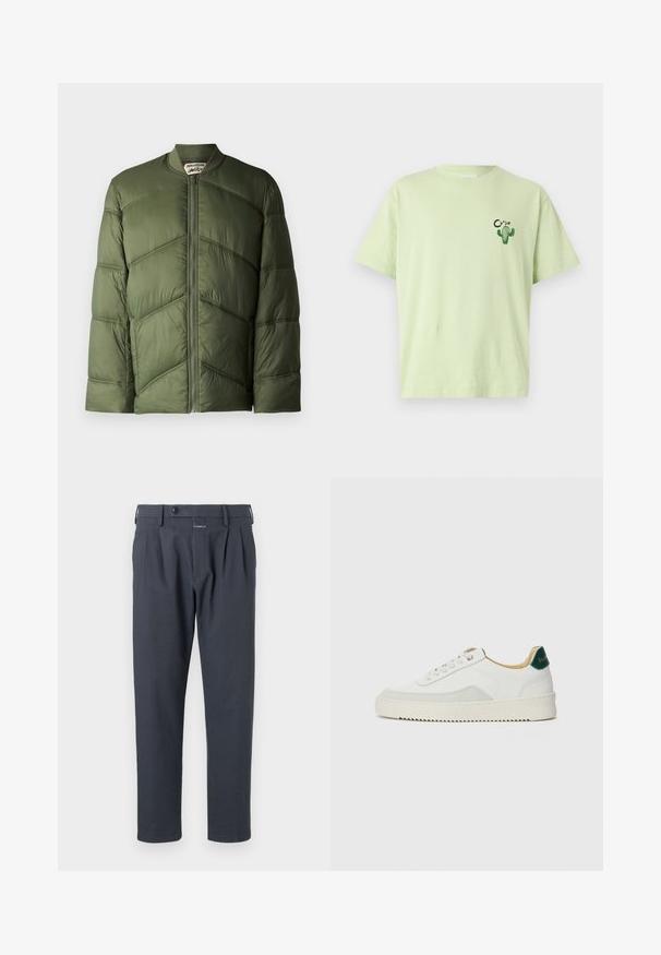 Olivgrüner Pufferjacke im Bomberstil, mit horizontalen Steppnähten und einem Reißverschluss vorne.; Hellgrünes T-Shirt aus Baumwolle mit kurzen Ärmeln, das ein Kaktus-Motiv mit dem Wort "CLOSED" in Schwarz nahe der linken Brust zeigt.; Dunkelgraue Hose mit geradem Bein, Falten an der Vorderseite und Knopfverschluss, aus einem glatten, leichten Stoff gefertigt.; Weiße Sneaker mit Wildlederelementen, runder Zehenpartie, flachen Schnürsenkeln und einer cremefarbenen Gummisohle. Mit grünen Markenlogo am Fersenbereich.