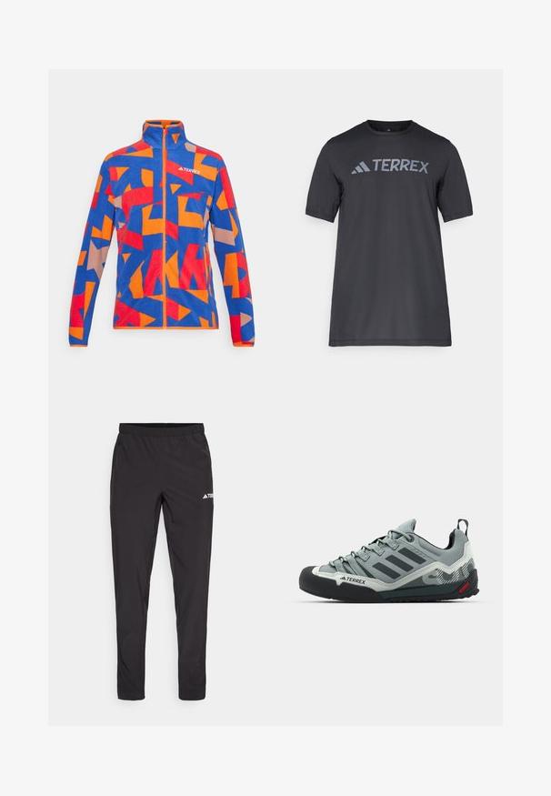 Blue fleece jacket with an abstract pattern in red, orange, and beige. Features a high collar and full zip closure. Brand logo on chest.; Black short-sleeve t-shirt made of lightweight fabric, featuring a light gray “TERREX” logo across the chest and a crew neckline.; Black athletic pants with an elastic waistband, two side zip pockets, and a logo on the upper right leg. Smooth, lightweight fabric.; Gray climbing shoes featuring a textured upper, black rubber toe cap, three dark stripes, and a small red accent on the sole.