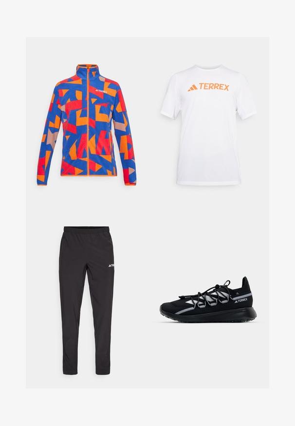 Mėlynas fliso švarkas su abstrakčiu raštu raudona, oranžine ir smėline spalvomis. Yra aukšta apykaklė ir visiškai užtraukiama priekyje. Prekės ženklas ant krūtinės.; Baltas trumpas rankovėmis sportinis marškinėliai, pagaminti iš pralaidaus oro medžiagos, su oranžiniu "TERREX" logotipu ant krūtinės. Paprastas dizainas su švariomis linijomis.; Juodos sportinės kelnės su elastinga juosta, dviem šoniniais užtrauktukais ir logotipu viršutiniame dešiniajame šlaunyje. Lygus, lengvas audinys.; Juodas sportinis batelis su orui pralaidu viršumi, atspindinčiomis detalėmis, elastingomis raištelėmis ir tekstūruotu guminio pado. Pasižymi stilingu dizainu, skirtu našumui.