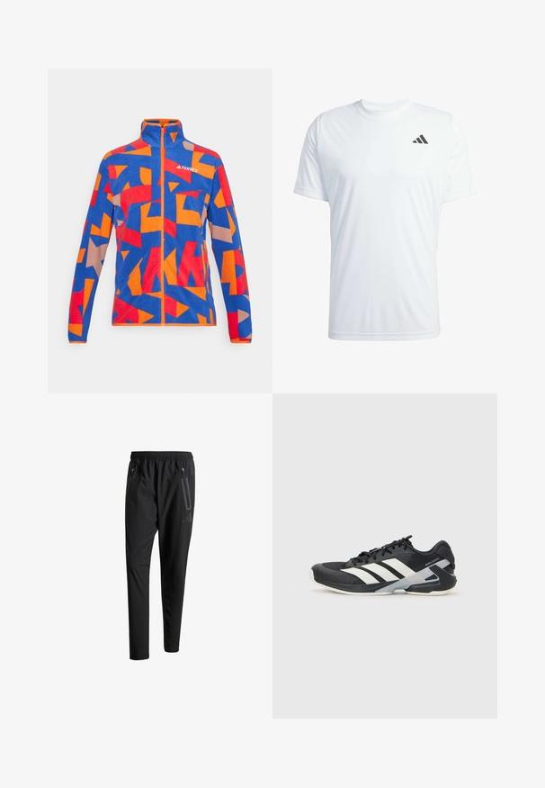 Modra flisasta jakna z abstraktnim vzorcem v rdeči, oranžni in bež barvi. Ima visok ovratnik in popoln zadrgo. Logotip blagovne znamke na prsih.; Bela kratka športna majica s kratkimi rokavi, izdelana iz lahkega materiala, z črnim Adidasovim logotipom na zgornjem levem prsnem delu.; Črne športne hlače z elastičnim pasom, dvema žepoma na zadrgo ob strani, zoženimi hlačnicami in diskretnim logotipom na boku.; Črne atletske čevlje z belimi črtami, mrežastim zgornjim delom, zaobljenim nosom in blaženim podplatom. Imajo teksturiran petni del in varen sistem vezalk.