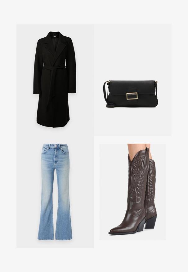 Črn plašč iz volnenega mešanca, z izrezanim ovratnikom, dolgimi rokavi in usklajenim pasom na pasu. Gladka tekstura, dolžina do kolen.; Pulover z dolgimi rokavi, prerezan nad rameni, v olivno zeleni barvi, izdelan iz mehke, teksturirane tkanine z rebrastim ovratnikom in gladkim telesom.; Svetlo modri široki kavbojki iz denima, z visokim pasom, petimi žepi in subtilnim postopnim zbledanjem proti robu.; Rjave usnjene kavbojske čevlje z ostrim nosom in blok peto, ki vsebujejo podrobno šivanje in dvignjene dodatke na zgornjem delu.; Črna usnjena torbica na preklop z zlato kovinsko zaponko. Vključuje črn trak in eleganten, minimalističen dizajn.; Srebrni uhani v obliki obročka s spiralnim dizajnom, ki imajo sijajno površino in zapiralo na zadnji strani. Mere znašajo približno 3 cm v premeru.