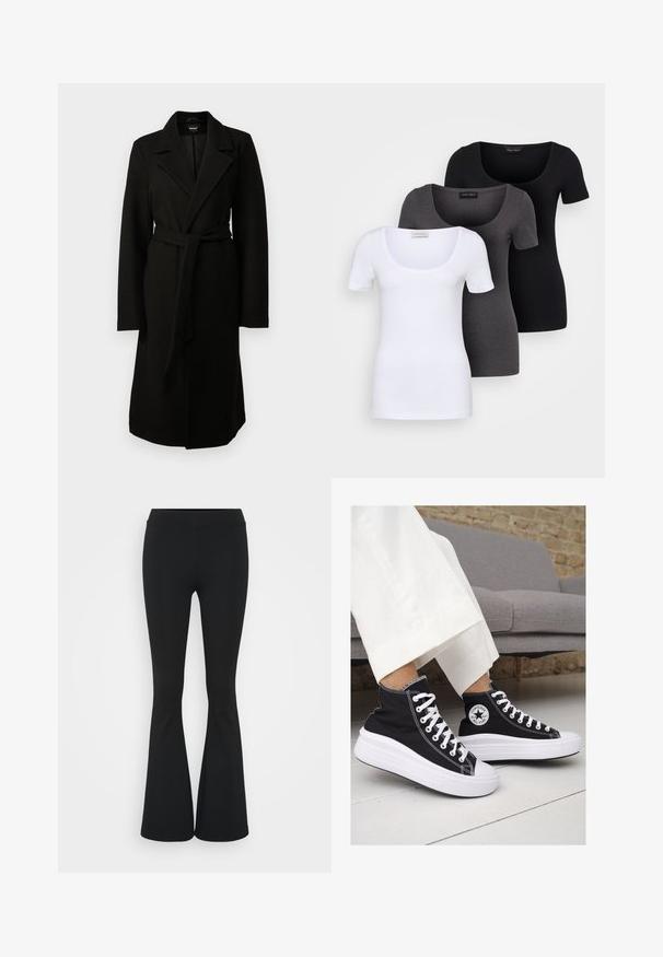 Melna vilnas sajaukuma mētelis ar izgriezumu, garām piedurknēm un atbilstošu jostu jostasvietā. Gluda tekstūra, garums līdz ceļiem.; Trīs pieguļoši T-krekli baltā, pelēkā un melnā krāsā. Katram ir plaša izgriezuma kakla un īsas piedurknes. Izgatavoti no gluda, elastīga auduma.; Melnas izplešanās bikses, izgatavotas no elastīga auduma, ar augstu vidukli un gludu tekstūru. Bikses izvēršas no ceļa.; Melni kanvas augstpapēžu apavi ar baltām gumijas zolēm un auklām. Ievērojams aplis logotips sānos un kontrastējoša balta šuvums.