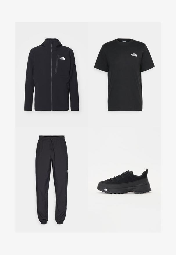 Black softshell jacket with a zip front, high collar, and chest pocket; features a logo on the left side and textured fabric.; Black cotton t-shirt with short sleeves, crew neck, and a small white logo on the left chest. Simple design, smooth texture, and relaxed fit.; Black athletic pants made from lightweight fabric, featuring a drawstring waistband, side pockets, and tapered cuffs at the ankles.; Black outdoor sneaker with a suede upper, textured rubber sole, and sturdy lacing system. Features a reinforced heel and brand logo on the side.