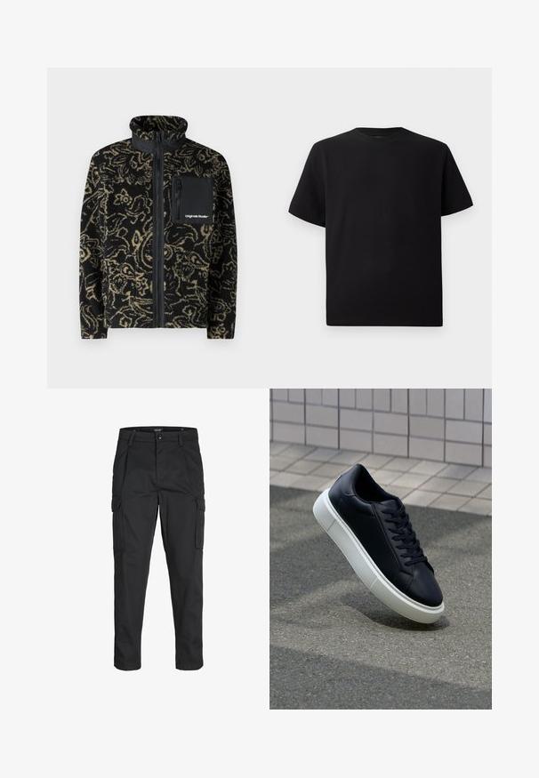 Jack & Jones JORVESTERBRO - Fleecejacke - black; Schwarzes Kurzarm-T-Shirt aus strukturiertem Stoff, mit einem Rundhalsausschnitt und einer lockeren Passform. Einfach, ohne Muster oder Akzente.; Schwarze Cargo-Hose aus robustem Material, mit mehreren Taschen, einem Knopfverschluss und einem Slim-Fit-Design mit schmal zulaufenden Beinen.; Schwarze Leder-Sneaker mit runder Zehenpartie und weißer Gummisohle. Verfügt über flache Schnürsenkel und minimale Nähte im Obermaterial. Strukturiertes Sohlenprofil für besseren Halt.