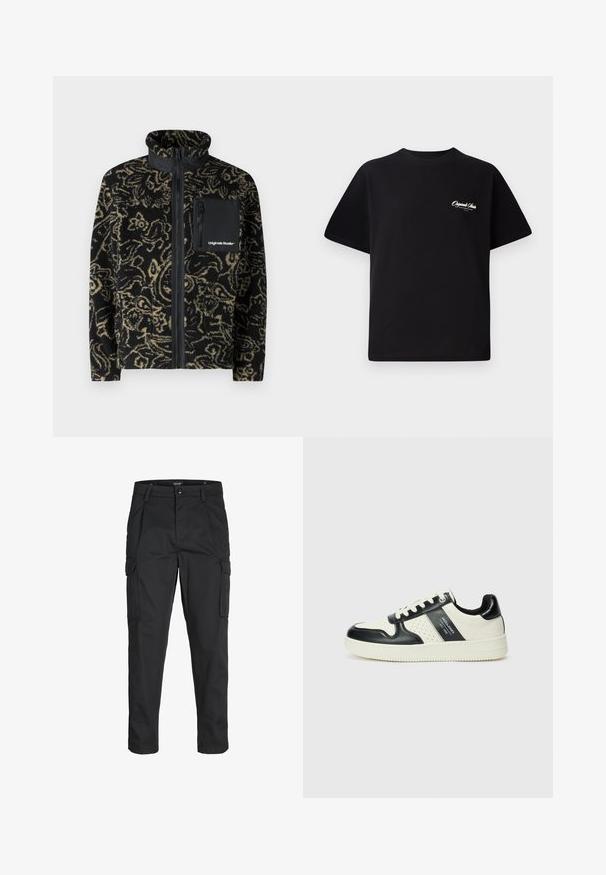 Jack & Jones JORVESTERBRO - Fleecová bunda - black; Černé bavlněné tričko s kulatým výstřihem, krátkými rukávy a malým bílým logem na levé straně hrudi. Jednoduchý design, klasický střih.; Černé cargo kalhoty vyrobené z odolné tkaniny, s mnoha kapsami, knoflíkovým zapínáním a slim fit střihem se zúženými nohavicemi.; Kožené tenisky s černobílou barevnou kombinací, které mají perforované detaily, polstrovaný límec a texturovanou podrážku.