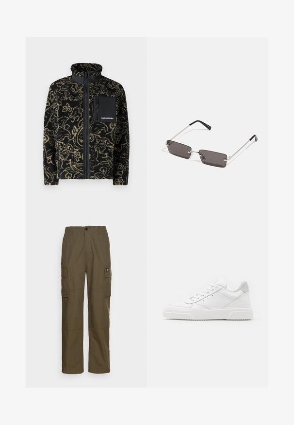 Jack & Jones JORVESTERBRO - Flīsa jaka - black; Balts kokvilnas T-krekls ar īsām piedurknēm, apaļu kakla izgriezumu un brīvu piegriezumu. Gluda tekstūra bez redzamām rakstu vai akcentu detaļām.; Kargo bikses olīvzaļā krāsā, izgatavotas no izturīga auduma. Iespējas divas sānu kabatas, standarta viduklis un taisnas kāju dizains.; Baltie ādas sporta apavi ar gludu virsmu, noapaļotu purngalu, plakaniem šņorēm un reljefa zoli. Pelēks zamšādas akcenti pie papēža.; Saulesbrilles ar taisnstūra formas, tumši pelēkiem stikliem, sudraba metāla rāmjiem un melnām plastikāta galviņām uz kājiņām. Viegls dizains ar deguna spilventiņiem.