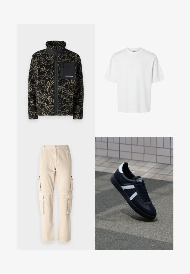 Jack & Jones JORVESTERBRO - Fleecetakki - black; Valkoinen puuvillapaita lyhyillä hihoilla, pyöreällä kaula-aukolta ja rentoa istuvuutta. Sujuva pinta ilman näkyviä kuvioita tai korostuksia.; Beige cargo-housut, jotka on valmistettu puuvillasta. Ominaisuuksiin kuuluu sivutaskut, suora lahkeiden muotoilu ja nappikiinnitys vyötäröllä. Yksinkertaiset ompeluyksityiskohdat.; Mustat nahkakengät valkoisilla raidoilla, teksturoitu kumipohja ja nauha edessä. Varustettu merkkitarralla kielen päällä.