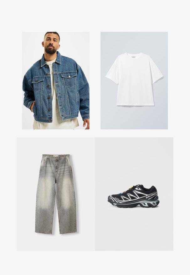 ecko unltd. Džínová bunda - denimblue; Bílý bavlněný tričko s kulatým výstřihem a krátkými rukávy. Uvolněný střih bez viditelných vzorů nebo akcentů. Hladká textura.; Jeany s širokými nohavicemi v světlém šedém odstínu. Mají opraný vzhled, pět kapes a zapínání na knoflík. Materiál je měkký denim.; Černá běžecká bota se stříbrnými akcenty, materiál GORE-TEX, strukturovaná podrážka a barevné šňůrky. Má polstrovanou patu pro podporu.