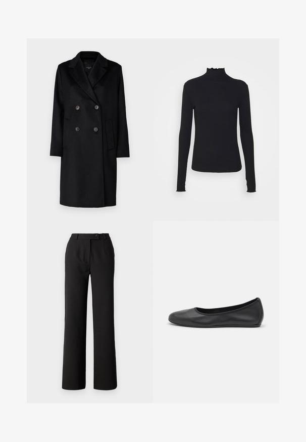 Schwarzer doppeltknöpfbarer Mantel mit scharfen Revers, zwei Knöpfen und Seitentaschen. Hergestellt aus einem strukturierten Stoff, mit gerader Passform und langen Ärmeln.; Schwarz, langärmliges Turtleneck-Oberteil aus glattem Material, mit einem gerafften Kragen und einer enganliegenden Silhouette mit einfachen Kanten.; Schwarze Hose aus glattem Stoff mit geradem Bein, Vorderfalten und einem einzelnen Knopfverschluss am Bund.; Schwarze Leder-Ballettschuhe mit abgerundeter Spitze, glatter Textur, minimalen Nähdetails und einem flexiblen Sohlen-Design.
