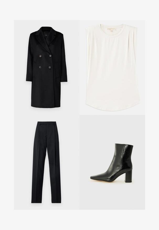Schwarzer doppeltknöpfbarer Mantel mit scharfen Revers, zwei Knöpfen und Seitentaschen. Hergestellt aus einem strukturierten Stoff, mit gerader Passform und langen Ärmeln.; Weißes ärmelloses Oberteil aus glattem Stoff, mit rundem Ausschnitt und dezenten Falten an den Schultern, mit geschwungenem Saum.; Schwarze Hosen aus glattem Stoff mit hoher Taille, weitem Bein, vorderen Falten und klassischen Gürtelschlaufen. Keine sichtbaren Seitentaschen.; Schwarze Knöchelstiefelette aus glänzendem Leder mit spitzem Zeh und klobigem, quadratischem Absatz. Verfügt über eine glatte Textur und ein minimalistisches Design.